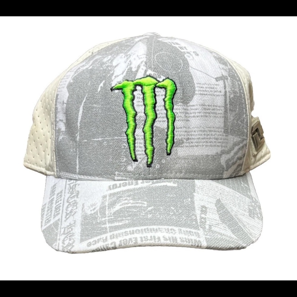 Monster Energy Drinks Kyle Loza Gray & White Leather RARE DNC Hat Cap Size 7 3/4